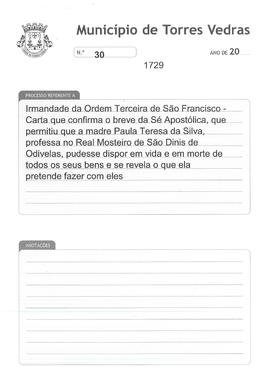 Carta que confirma o breve da Sé Apostólica, que permitiu que a madre Paula Teresa da Silva, prof...